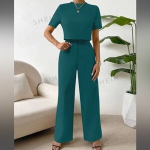 SHEIN Essnce Solid Crop Blouse & Wide Leg Pants